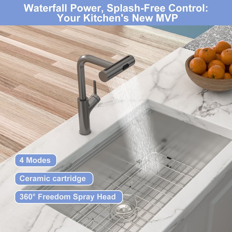Modern & Sleek Design 360°Pull-Down Kitchen Faucet with 4 Spray Modes,