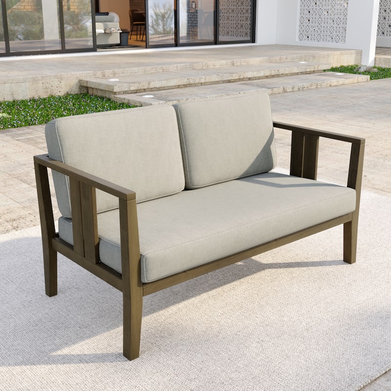 Casual Teak Wood Outdoor Patio Loveseat with Cushions