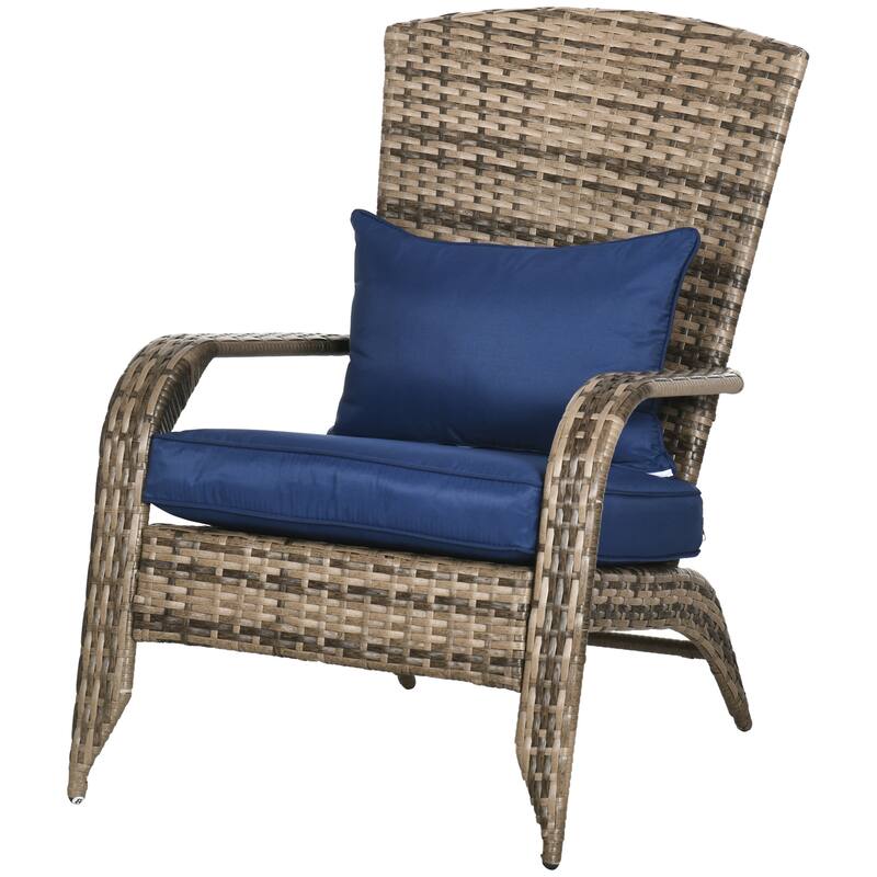 Outdoor Wicker Adirondack Chair, Patio Fire Pit Chair with Soft Cushions, Tall Curved Backrest & Armrests - Dark Blue