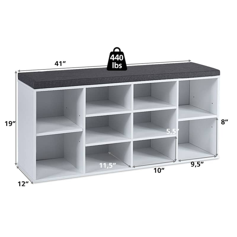 Gymax Entryway Padded Shoe Storage Bench 10-Cube Organizer Bench - 41'' x 12'' x 19''