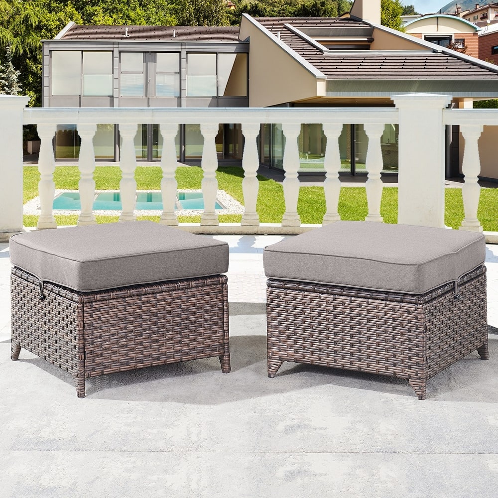 Gymojoy 2 Pieces Patio Rattan Ottomans, All Weather Outdoor Footstool