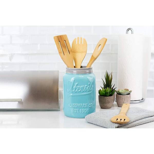 Shop Home Basics Ceramic Retro Mason Jar Utensil Organizer Holder Turquoise 4 5x7 Inches Overstock 28435709