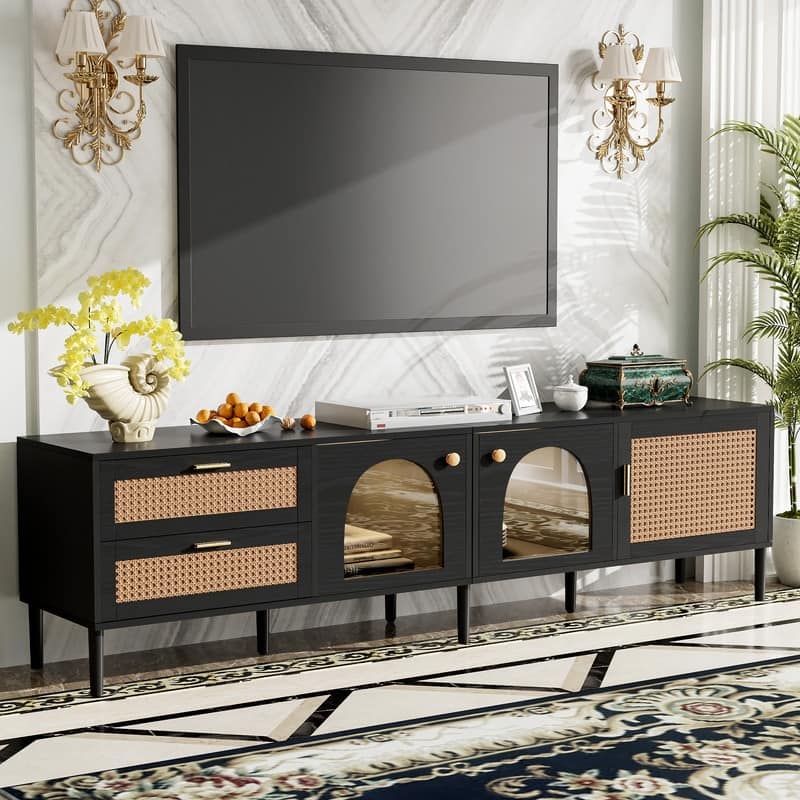 Rattan-Inspired 80'' Media Console with LED Lights & Ample Storage