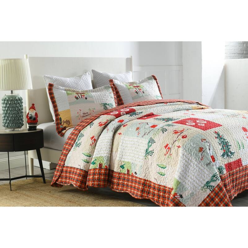 MarCielo Christmas Quilt Set King B022, 1 Quilt 2 Pillow Shams
