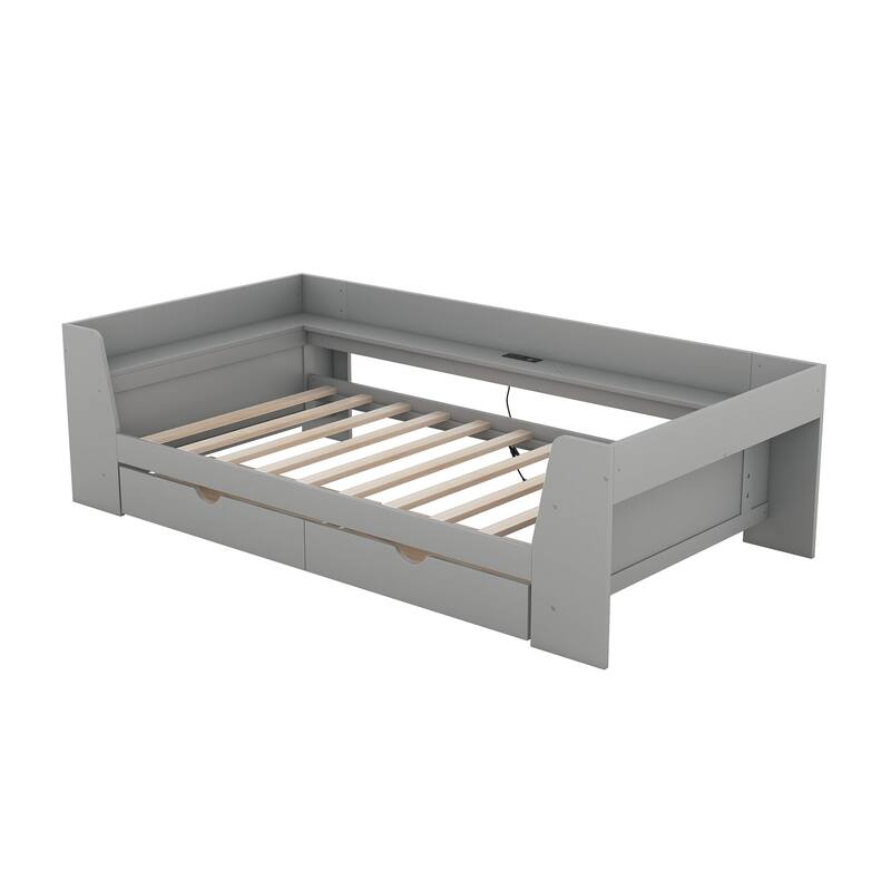 Modern Twin Daybed with USB Ports, Storage Drawers, and Shelving