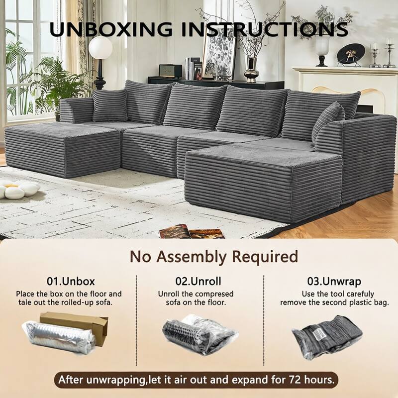 130" U-Shaped Corduroy Sectional Sofa with 2 Ottomans, No Assembly Required