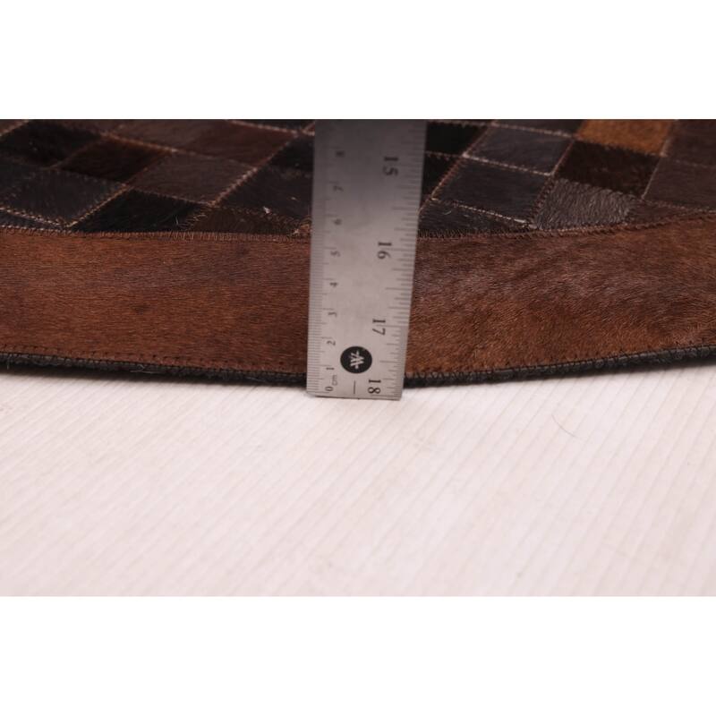 ECARPETGALLERY Handmade Cowhide Patchwork Dark Brown Leather Rug - 7' x 7'