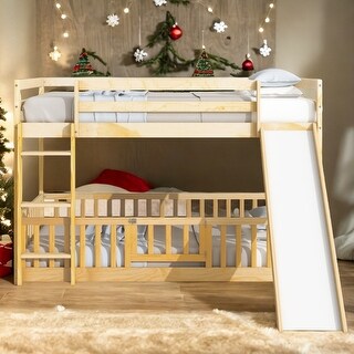 Twin Over Twin Wood Floor Bed Bunk Bed with Convertible Ladder and Slide for Home