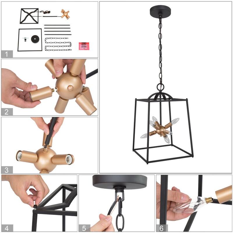 Alestair 6-Light Modern Chandelier Black Brass LED Cage Lantern Sputnik Starburst Foyer Pendant Light