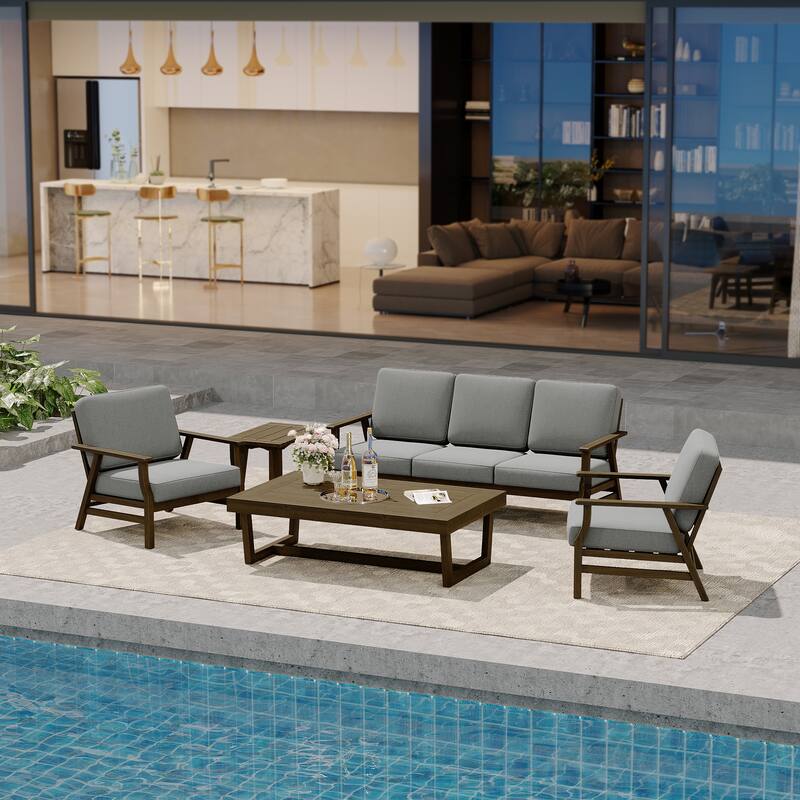 Modern Wood Cushioned Outdoor Patio Sofa Loveseat with Coffee Table
