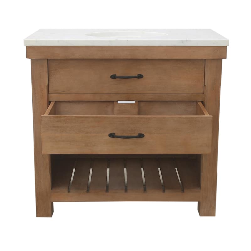 Deluxe natural finish vanity with 30 mm white marble top - 36"W X 22"D X 34"H