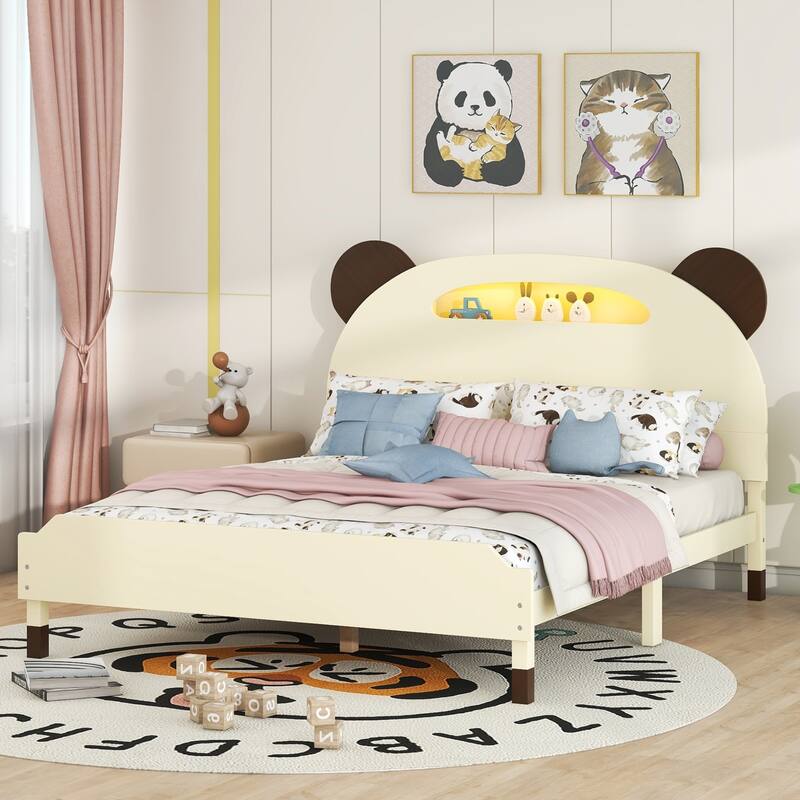 Full Size Wood Platform Bed with Bear-shaped Headboard,Bed with Motion Activated Night Lights