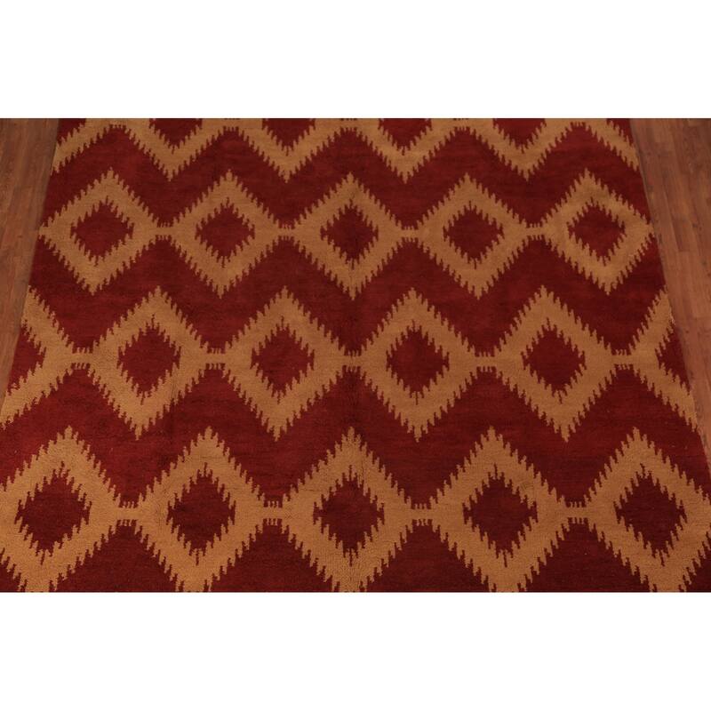Hand Knotted Oriental 100% Wool Carpet Modern Geometric Red Moroccan Area Rug - 11' 8'' X 8' 11''