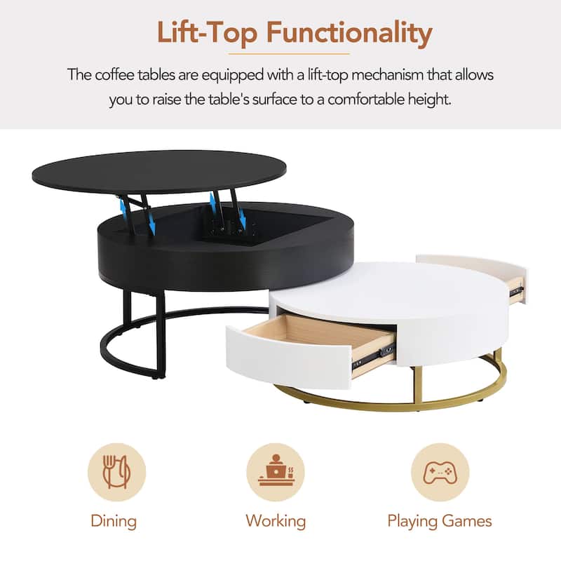 Round Lift-top Nesting Coffee Table w/ 2 Drawer & Metal Frame, Modern Nesting Table Set of 2, Luxury Accent Side Table End Table