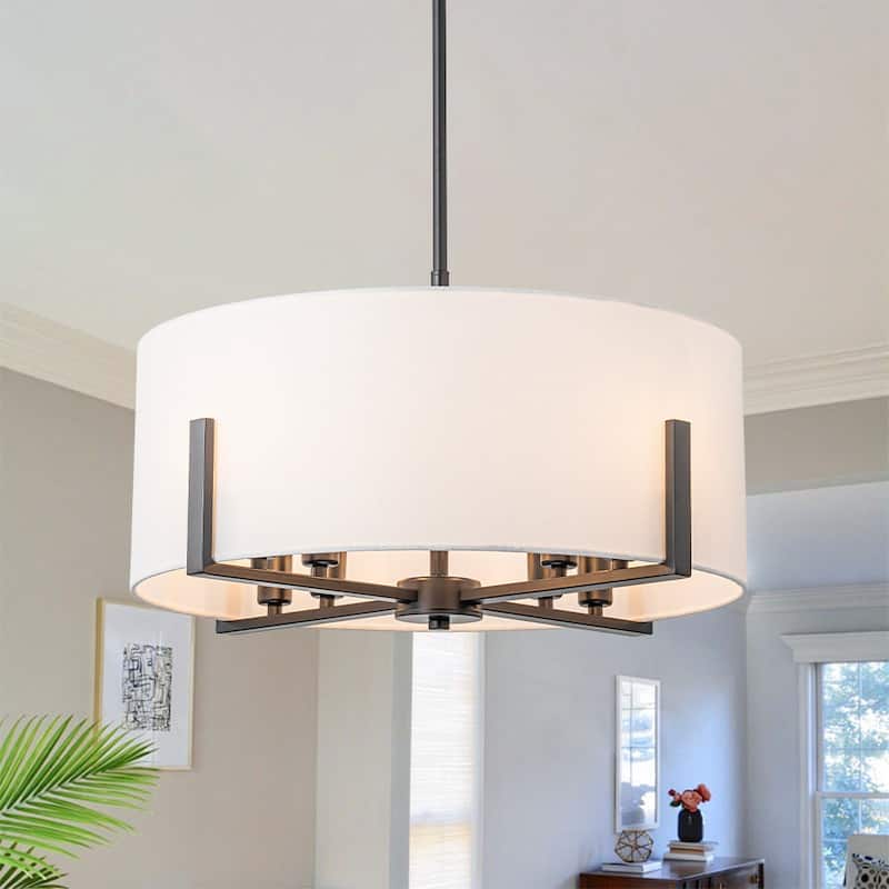 8-Light Semi-Flush Convertible To Pendant With White Drum Lampshade - Black