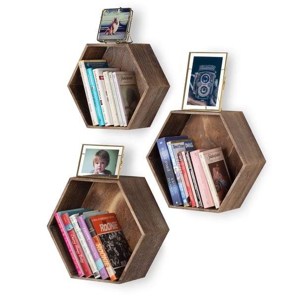 slide 2 of 9, Rustic State Wall Mount Hexagon Wooden Box Shelf Varying Sizes Walnut