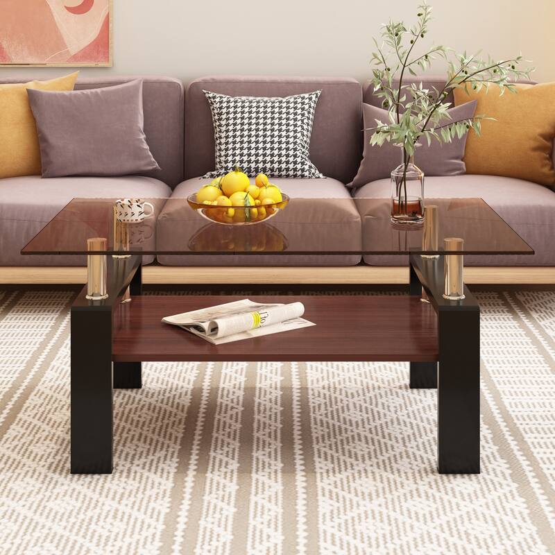 Rectangle Coffee Table, Tempered Glass Tabletop with MDF Layer, Modern Table for Living Room, Brown Glass