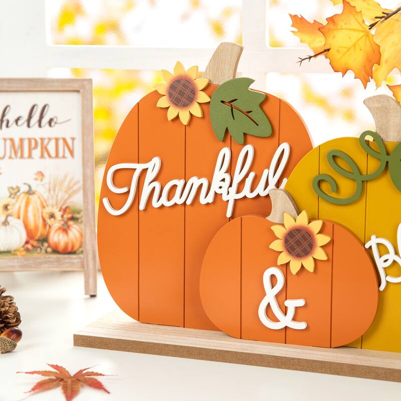 Glitzhome 16"L Fall Thanksgiving Wooden Pumpkins Table Decor