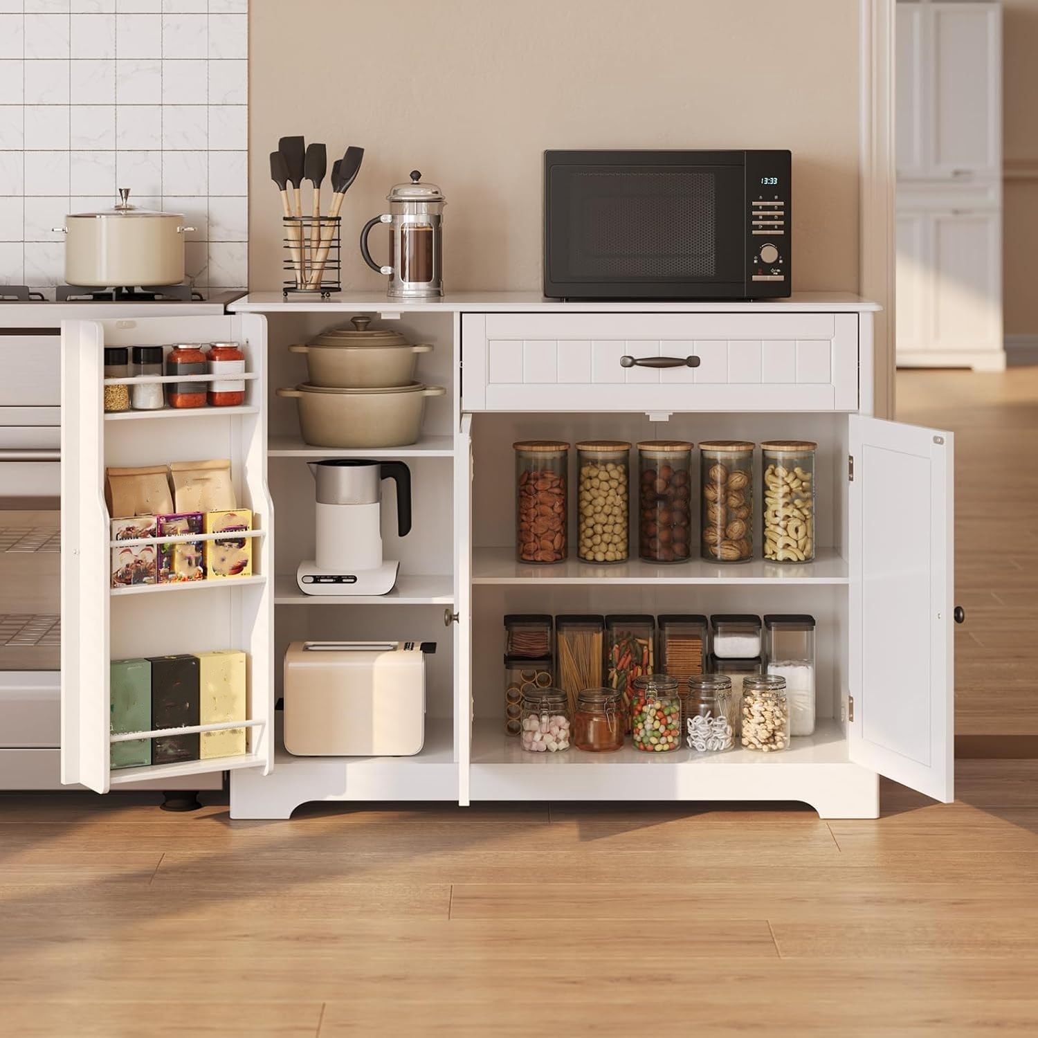 Buffet Cabinet Storage Sideboard, Kitchen Sideboard Storage Buffet Cabinet with Drawer and 3 Doors