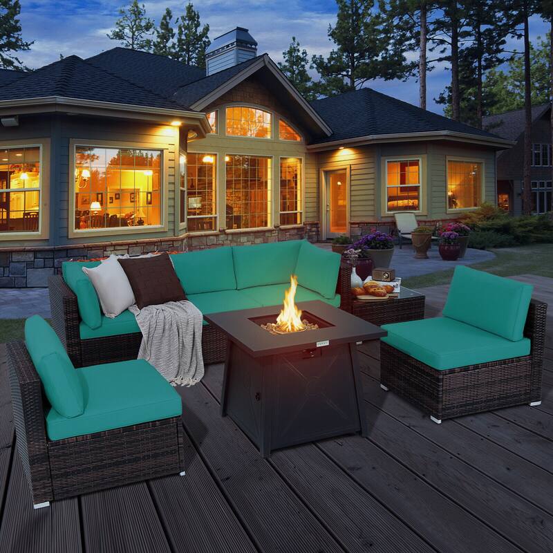 Gymax 7PCS Rattan Patio Sectional Furniture Set w/ 30'' Fire Pit Table - Green