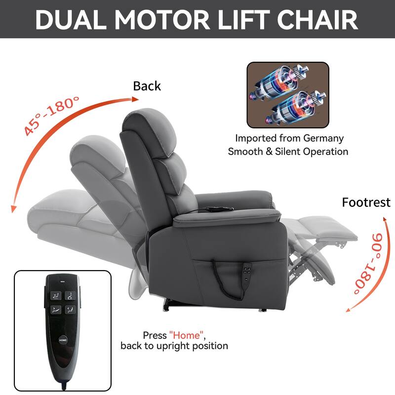 Roomfitters Dual Motor Power Lift Recliner, Infinite Position Massage Chair with 180-Degree Flat Recline, Leatheraire