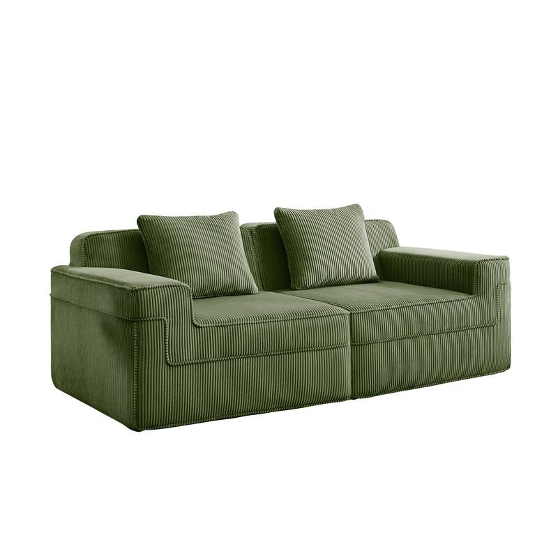 Modular 2-Seat Boneless Sofa, Modern Sectional Couch with Deep Seats, Wide Armrests, Corduroy Loveseat with Throw Pillows