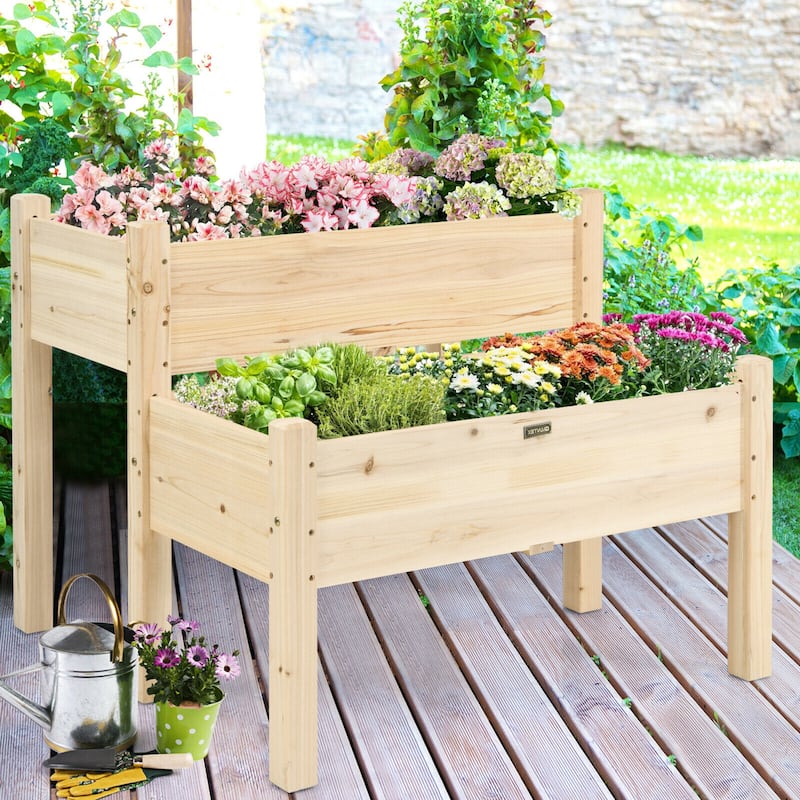 Costway 2 Tier Wooden Raised Garden Bed Elevated Planter Box w/Legs
