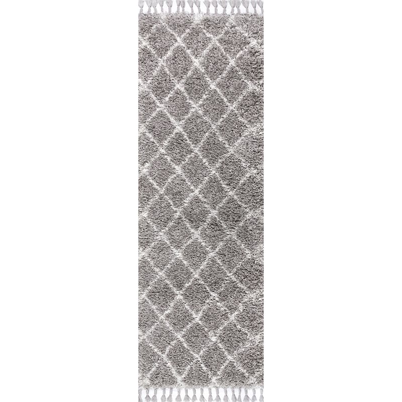 JONATHAN Y Modern Shag Plush Tassel Moroccan Geometric Trellis Area Rug - 2 X 8 - Grey/Cream