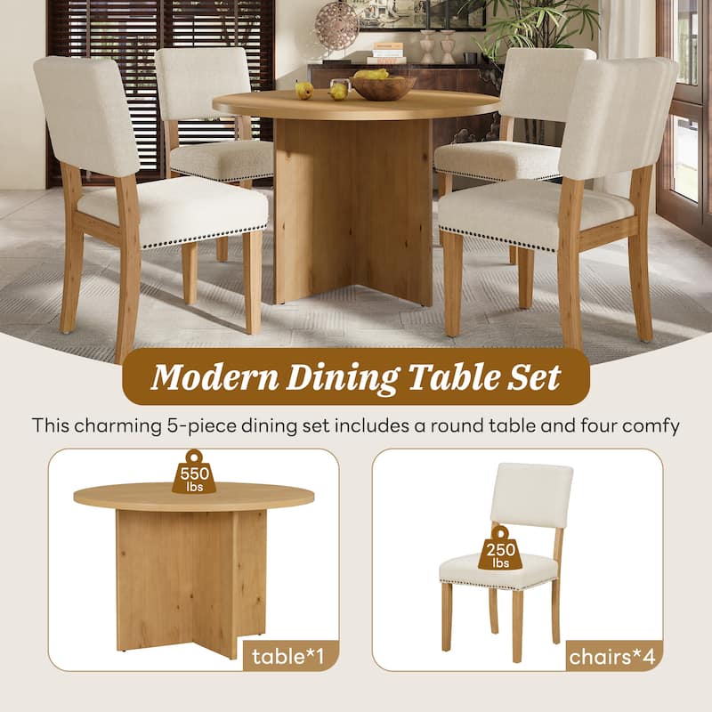 Sakin Modern 5-Piece Round Dining Table Set with Pedestal Base and Upholstered Chairs by GDFStudio