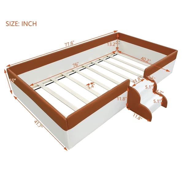 dimension image slide 2 of 4, Brown White Sofa Bed Two-color Daybed Toddler Floor Bed with Fence and Stairs Grounded Wood Slat Support Frame Upholstered Bed