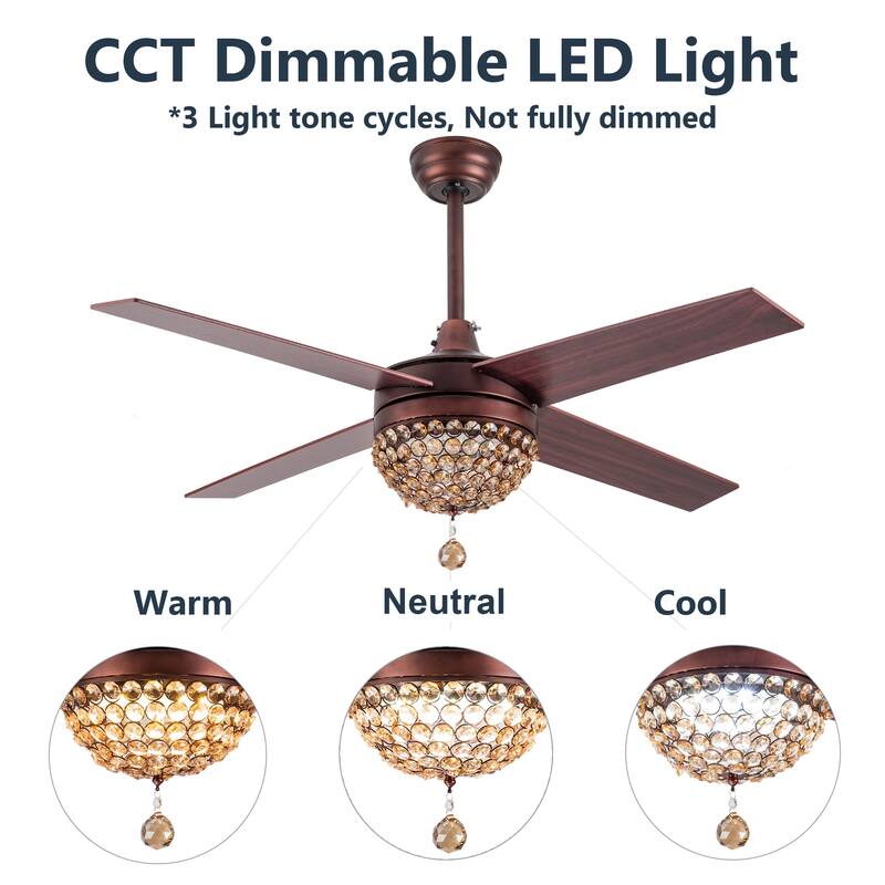 Belladepot 52" Modern Crystal Ceiling Fan with LED Light, Remote Control, Reversible