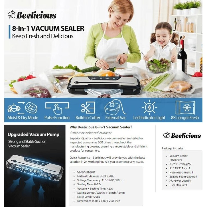 Automatic Food Vacuum Sealer Machine | Beelicious® 80KPa 8-In-1 Food Vacuum  Saver with Starter Kits | 15 Bags, Pulse Function, Moist&Dry Mode and