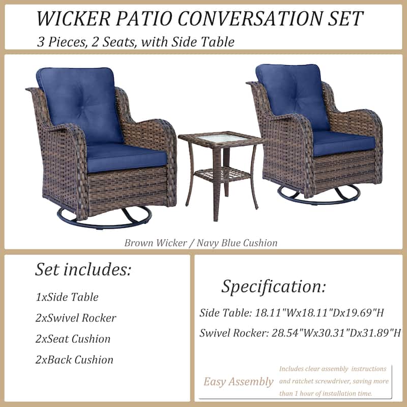3 Piece Outdoor Patio Conversation Wicker Furniture Swivel Chairs Sets