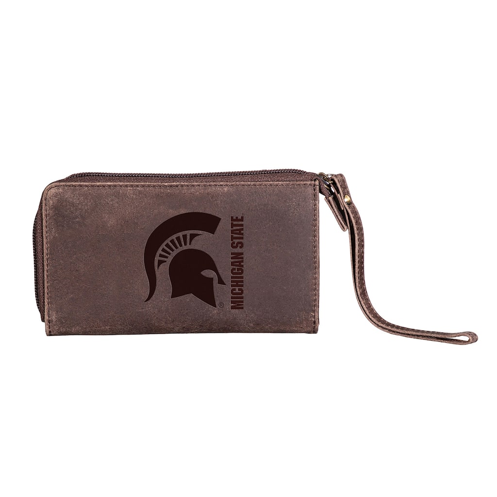 Brown Leather Cell Phone Wristlet Wallet, Michigan State University - 4" x 7"