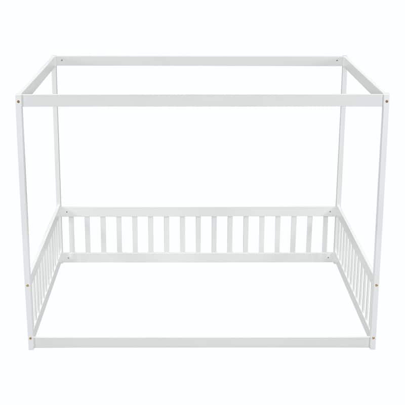 Canopy Frame Floor Bed with Fence and Guardrails