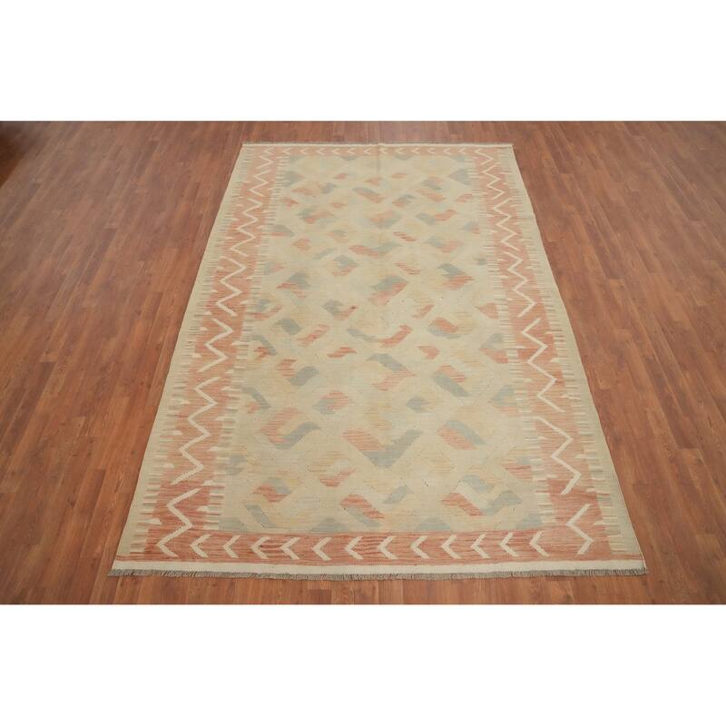 Hand Woven Oriental 100% Wool Carpet Southwestern Tribal Beige & Ivories Kilim Area Rug - 9' 2'' X 6' 2''