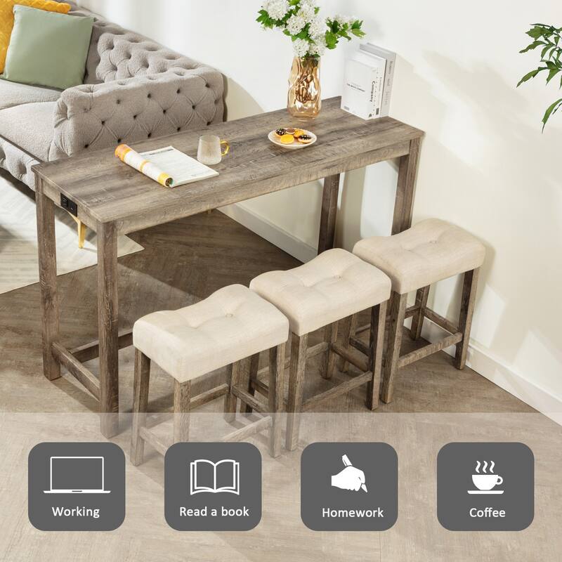 GDFStudio - Calverly 4-Piece Industrial Bar Table Set with USB Power Station and 3 Linen Upholstered Stools