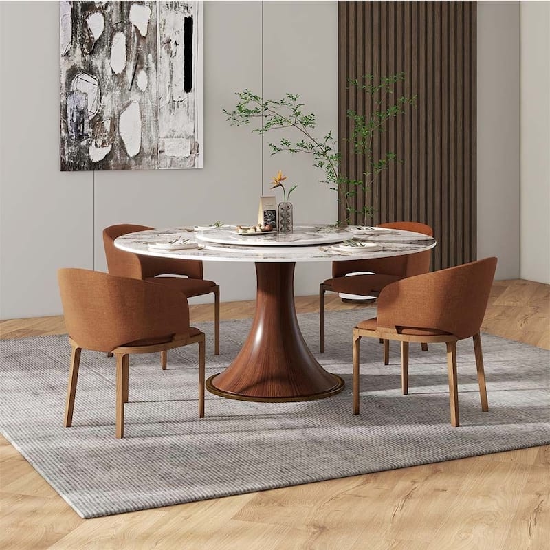 Modern Farmhouse Round Dining Table with Lazy Susan，Glossy Sintered Stone Tabletop ,Walnut Solid Wood Base
