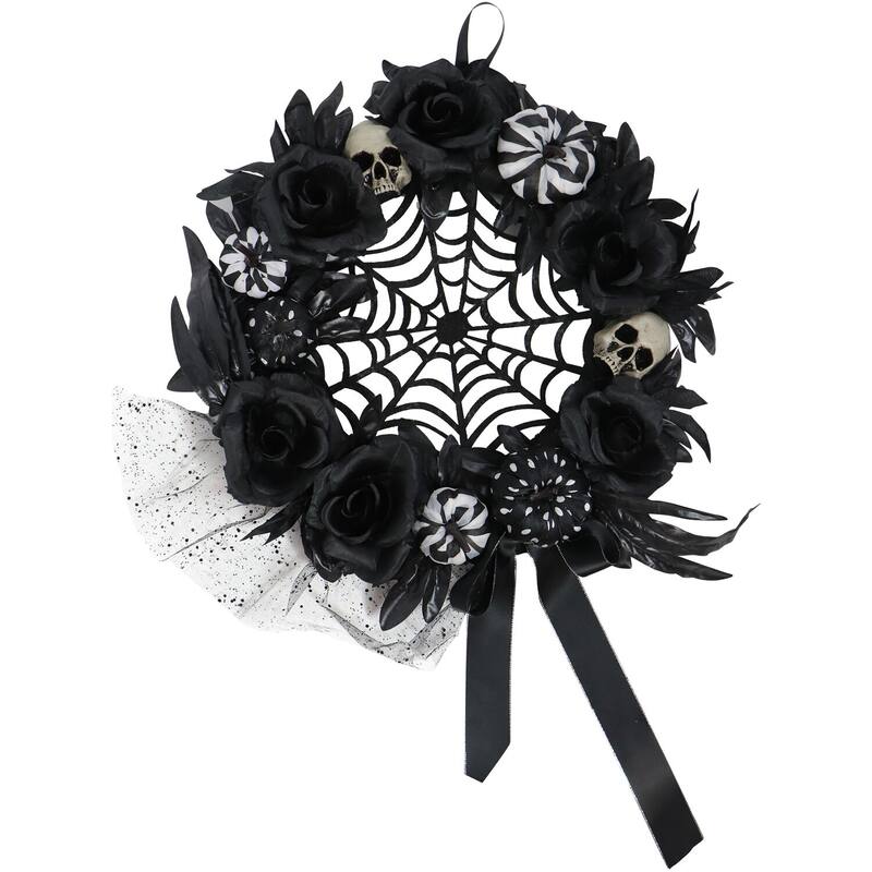 Haunted Hill Farm 15-In. Halloween Black and White Floral Wreath Pumpkins, Skulls, and Spiderweb for Haunted House Decoration