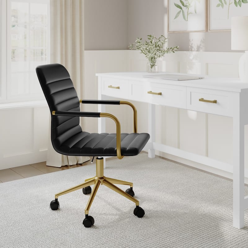 Martha Stewart Upholstered Swivel Office Chair - Black Faux Leather/Polished Brass Frame