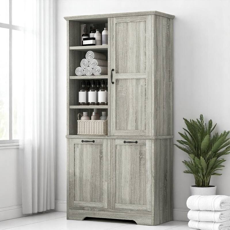 Bathroom Storage Cabinet with Tilt-Out Laundry Hampers, Adjustable Shelves & Door, Freestanding MDF Organizer