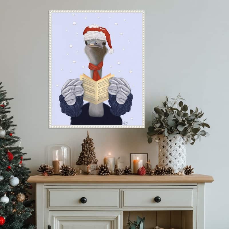 Ostrich Carol Singing by Fab Funky (23 x 28 in.), Framed Canvas Wall Art Print - Sylvie Beaded White