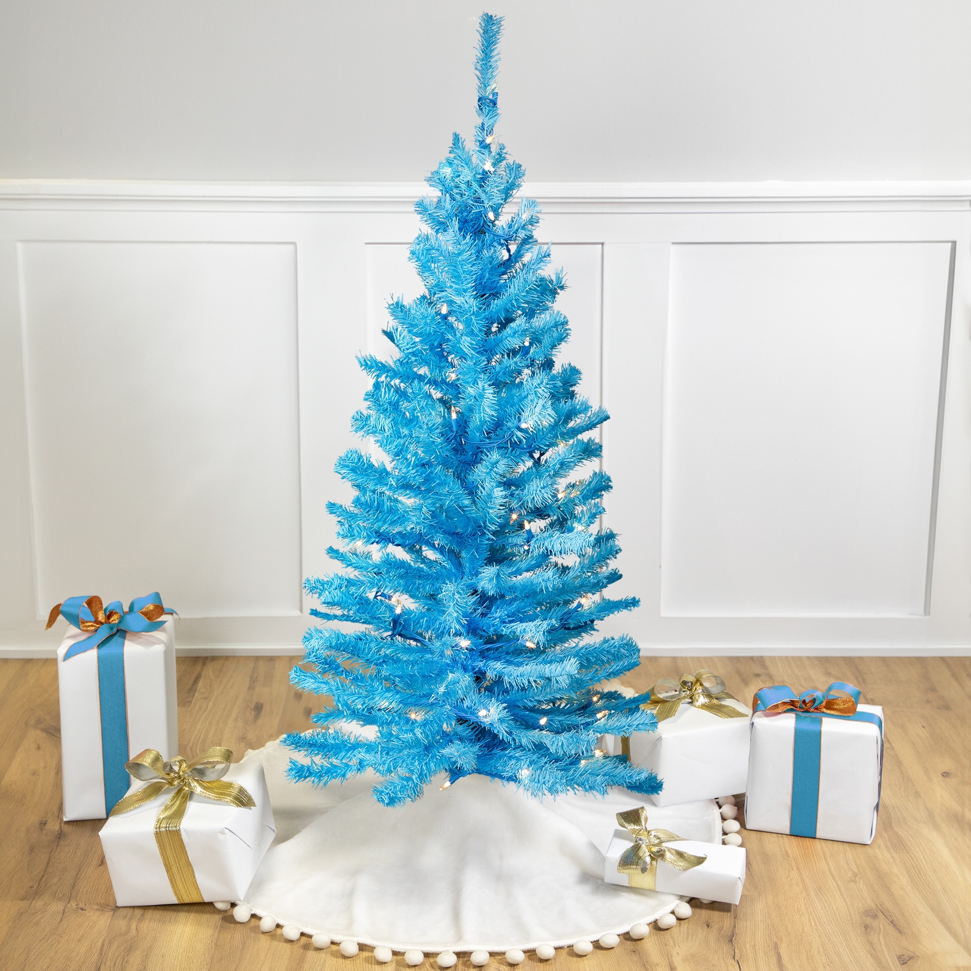 Medium Artificial Pine Christmas Tree 4' Sky Blue Clear Lights - 4 Foot
