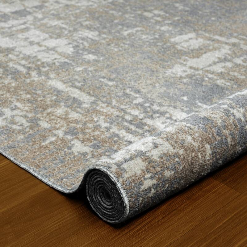 Sevita Distressed Border Gray Ivory Machine-Washable Rug