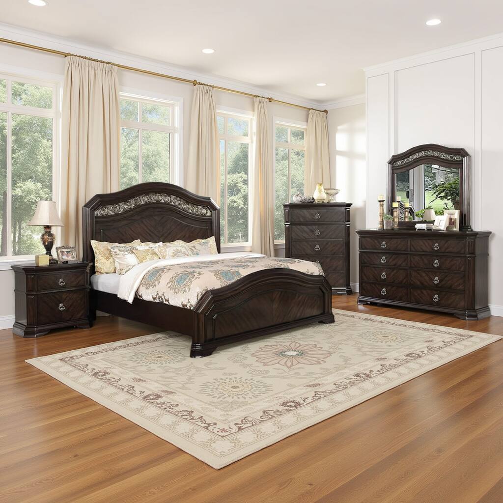 Oppe Four Pc Queen Bedroom Set, Clipped Corner, Carved Detail, Chevron Textured Brown