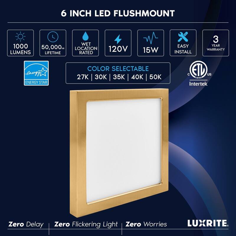 Luxrite 6 Inch Square LED Flush Mount Light, 15W 1000LM, 5CCT 2700K-5000K, Dimmable - Brass 2-Pack