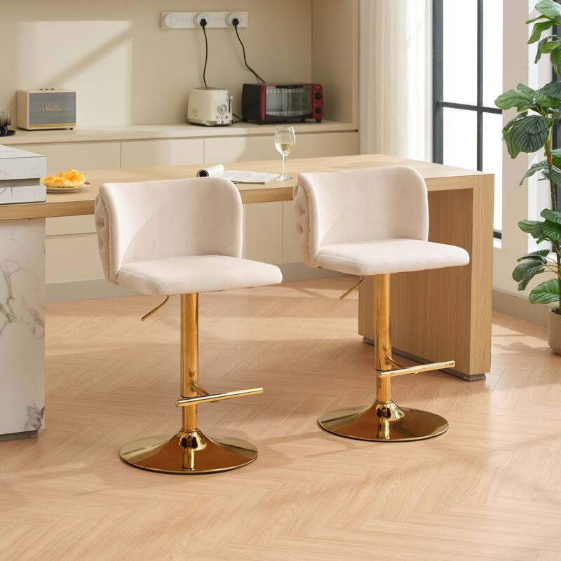 Swivel Barstools Adjusatble Seat Height With Gold-plating Base,Classic Velvet Upholstered Bar Stools,Set of 2 - Beige