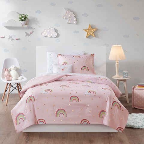 Mi Zone Kids Mia Pink Rainbow and Metallic Stars Comforter Set with Bed Sheets