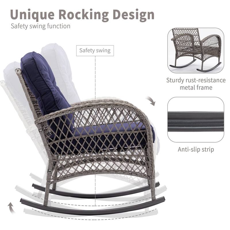 3 Pieces Outdoor Swivel Rocker Chairs, 360 Degree, Thickened Cushions & Glass Coffee Table