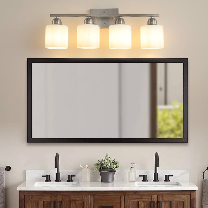 4-Light Brushed Nickel Bathroom Vanity - Milky Frosted Glass - E26 Socket